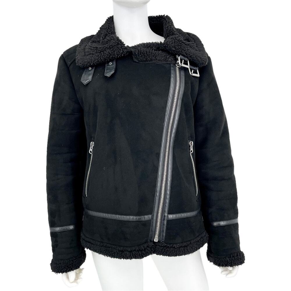 ZARA Jacket Women Size XL Double Sided Straps Asymmetrical Biker Jacket Fleece